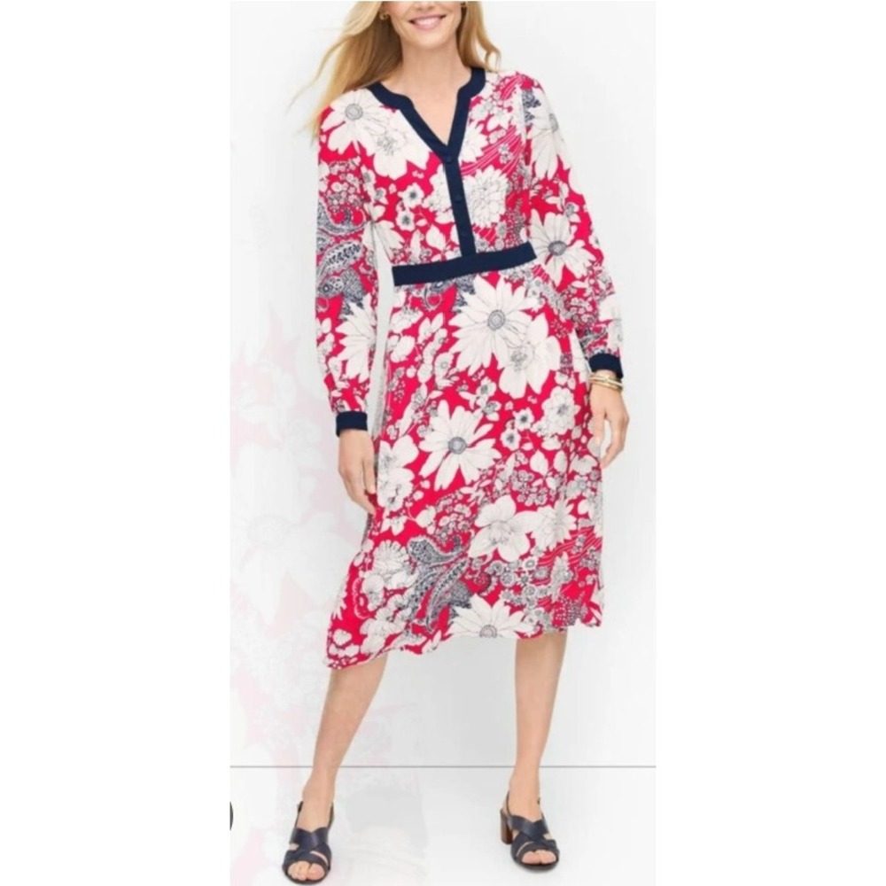 NEW Talbots Floral Midi Dress Womens 8 Red White‎ Navy Blue V-Neck Long Sleeve